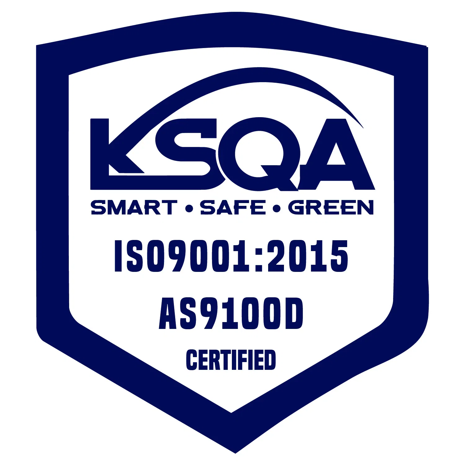 A certification badge featuring "KSQA" with the words "SMART • SAFE • GREEN" and ISO9001:2015, AS9100D certified.